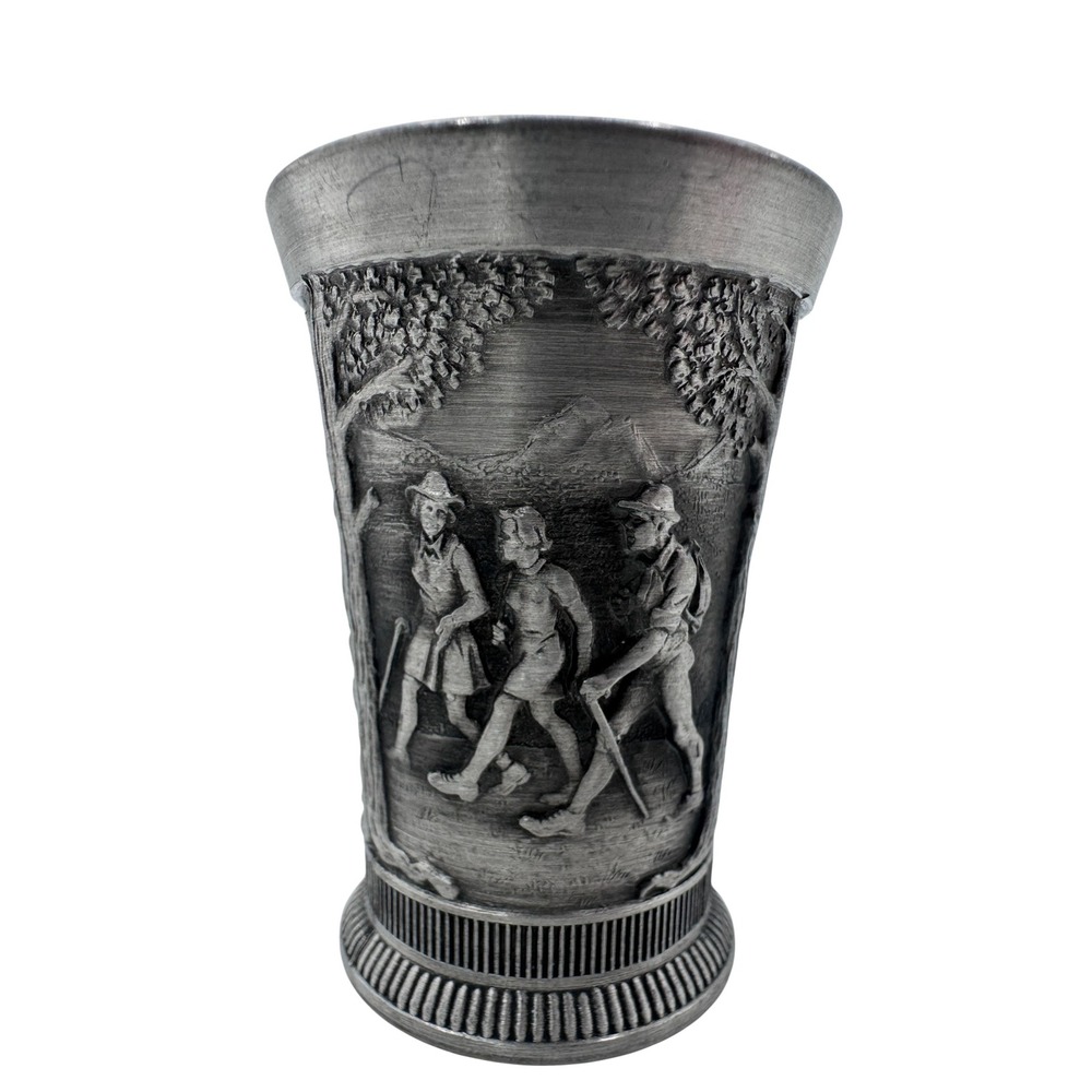 Vintage Zinn 95% Pewter German Relief Shot Glass Alte Veste Collectible